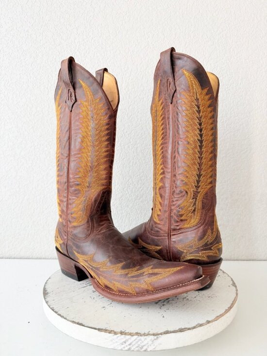 Rod Patrick Shoes - Rod Patrick Womens Brown Tall Cowboy Boots Gold Embroidery Snip Toe Leather 9AA
